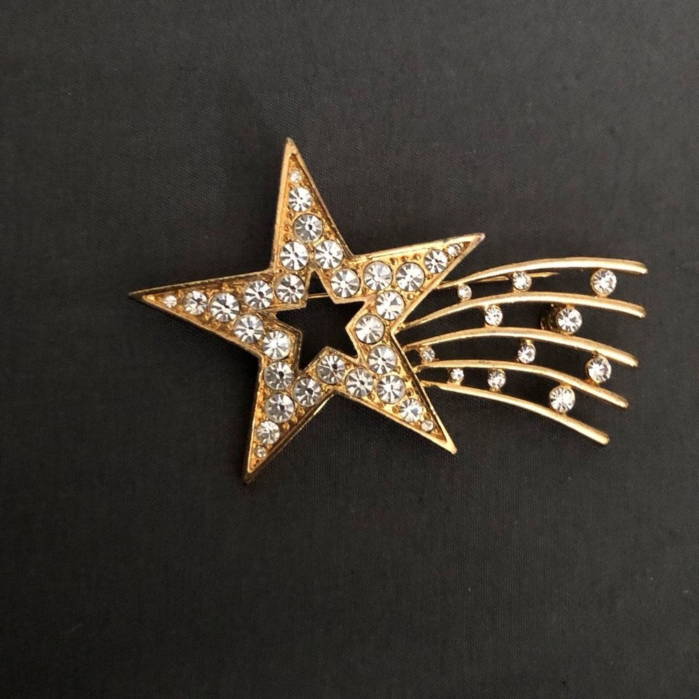Gold Shooting Star Brooch with Crystals